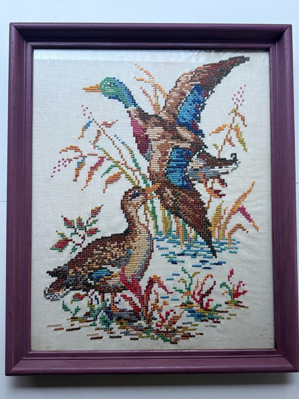Framed Purple Cross-Stitch Mallard Duck Art